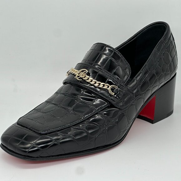 Christian Louboutin MJ MOC 50 Croc Leather Heeled Loafers Shoes Chain CL - Picture 7 of 16